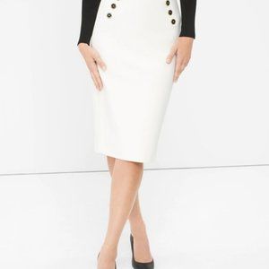 WHBM Winter White Ecru Midi Pencil Skirt High Waist Military Buttons Skirt 00